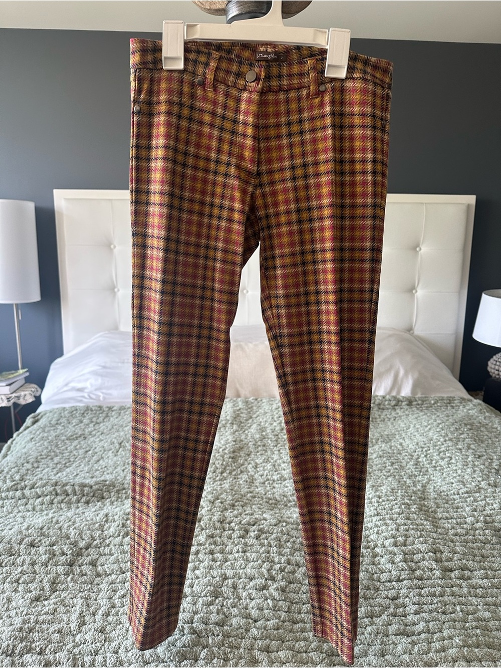 J. McLaughlin Plaid Ankle Pants Women’s Size 2 Camel Burgundy Stretch Slim
